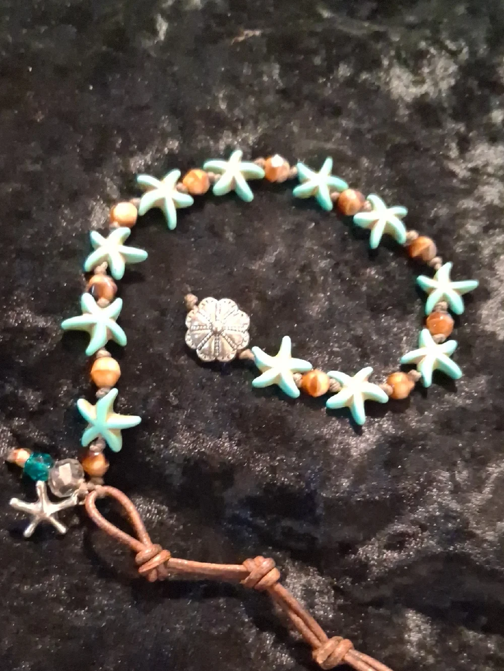 Turquoise Starfish Bead Anklet Bracelet with Brown Accent Stones - 10 To 12 In L
